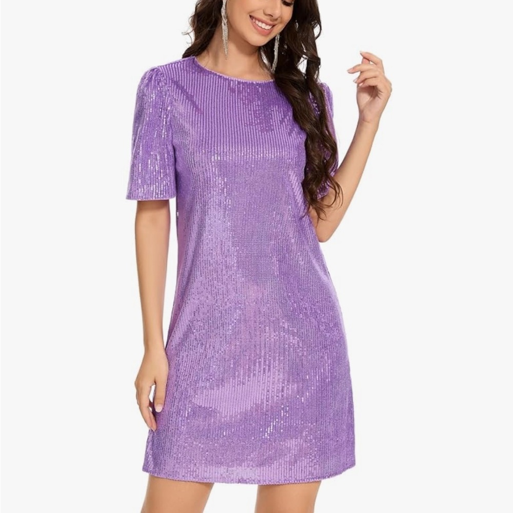 Sequin Short Sleeve Mini Dress in Purple